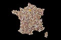 Countries winemakers - maps from wine corks. Map of France on bl