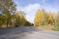 Country asphalt road with cars among the autumn yellow trees. Royalty Free Stock Photo