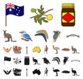 Country Australia cartoon, black icons in set collection for design.Travel and attractions vector symbol stock web