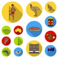 Country Australia flat icons in set collection for design.Travel and attractions vector symbol stock web illustration.