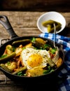 Country breakfast from potatoes, with bacon and fried eggs