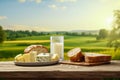 Country breakfast in summer landscape at dawn - bread, butter, cheese, milk on wooden table