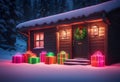 a country cabin holiday christmas night snow evening lights snowy holidays gifts Santa delivery seasons greetings visit snowfall Royalty Free Stock Photo