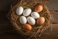 Country charm Chicken eggs arranged in a rustic wooden nest Royalty Free Stock Photo