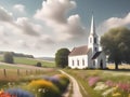A Country Church and Fields of Wildflowers in Full Bloom