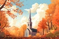 A country church steeple rising above the treetops vector fall background