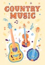 Vector hand draw illustration with guitar, violin and banjo. Bright banner for country music. Country Cowboy Live Music Royalty Free Stock Photo