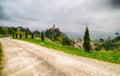 Country dirt road bordered by cypress trees