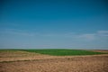 Unworked field with wheel tracks in spring near wheat land. Dirt texture with blue sky. Country dirt field texture.