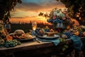 Country Farm Banquet. sunset. Sunrise. Prosperous farm concept. rustic wood table.