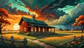 Country farm house storm cloud lightning energy sunset color beauty Royalty Free Stock Photo