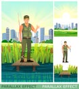 Country fishing. River or lake. Fisherman guy caught fish. set of slides create parallax image layer. Cartoon style Royalty Free Stock Photo