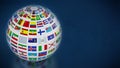 Country flags around the globe on blue background. 3D illustration Royalty Free Stock Photo