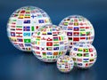 Country flags around the globes on blue background. 3D illustration Royalty Free Stock Photo