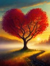 Country footpath to a heart shaped red tree at sunrise surrounded by fog Royalty Free Stock Photo