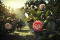 Country garden with flowering camellia trees. generative AI