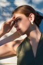 Country girl close up. Country style woman, close up face in nature at the village outdoors. Beautiful sensual girl on Royalty Free Stock Photo