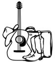 Country guitar music travel. Acoustic guitar, cowboy boots and American hat with suitcase. Outline vector illustration isolated on Royalty Free Stock Photo