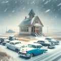 Country Historic Schoolhouse Winter Snowstorm Vintage Retro Building Steeple Exterior AI Generate