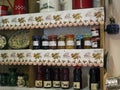 Country home shelves with food preserves