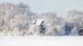 A country home with white frozen trees in winter on a cold morning in Ottawa, Canada