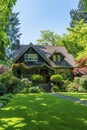 country house with a beautiful lawn. selective focus.