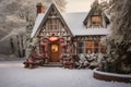 country house beautifully decorated for Christmas on a frosty day