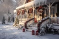 country house beautifully decorated for Christmas on a frosty day