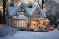 country house beautifully decorated for Christmas on a frosty day