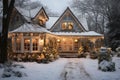 country house beautifully decorated for Christmas on frosty sunny day