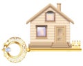 Country house of bricks with a golden key in a gift Wooden house with the main entrance doors and windows Royalty Free Stock Photo