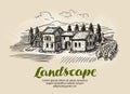 Country house, building sketch. Vintage rural landscape, farm, cottage vector illustration Royalty Free Stock Photo