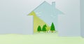 Country house with cows, trees and mountains in the background, low poly 3d illustration