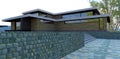 Country house design. Wall cladding with natural granite paving stones. Finishing the house with a facade board. 3d render
