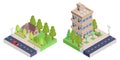 A country house with a fence and an apartment isometric house.