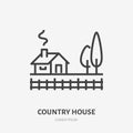 Country house flat line icon. Vector thin sign of summer cottage with trees, suburban property logo. Real estate