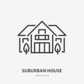 Country house flat line icon. Vector thin sign of summer cottage with trees, suburban property logo. Real estate rent