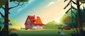 Country house in the forest. Farm in the countryside. Cottage among trees. Cartoon vector illustration