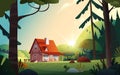 Country house in the forest. Farm in the countryside. Cottage among trees. Cartoon vector illustration
