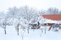 A country house with a garden covered in snow on a clear winter day Royalty Free Stock Photo