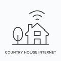 Country house internet flat line icon. Vector outline illustration of cottage, tree and wifi. Black thin linear