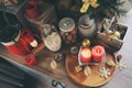 Country house kitchen decorated for Christmas and new year Holidays. Marhmallows, candles, cocoa and nuts in modern jars Royalty Free Stock Photo