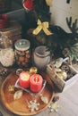 Country house kitchen decorated for Christmas and new year Holidays. Marhmallows, candles, cocoa and nuts in modern jars Royalty Free Stock Photo