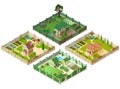 Country house and large garden. Set of 3d cottage isometric illustration