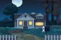 Country house night. Cartoon cottage landscape scene at night, neighborhood street with house front exterior. Vector