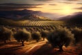 Country house, olive groves at sunse