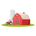 Country house with red barn, farmer tractor and granary building on green farm field plot cartoon vector illustration, isolated on Royalty Free Stock Photo