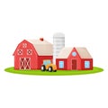 Country house with red barn, farmer tractor and granary building on green farm field plot cartoon vector illustration, isolated on Royalty Free Stock Photo