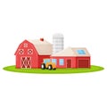 Country house with red barn, farmer tractor and granary building on green farm field plot cartoon vector illustration, isolated on Royalty Free Stock Photo