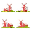 Country house with red mill, farm barn and granary building on green farm field plot cartoon vector illustration, isolated on Royalty Free Stock Photo